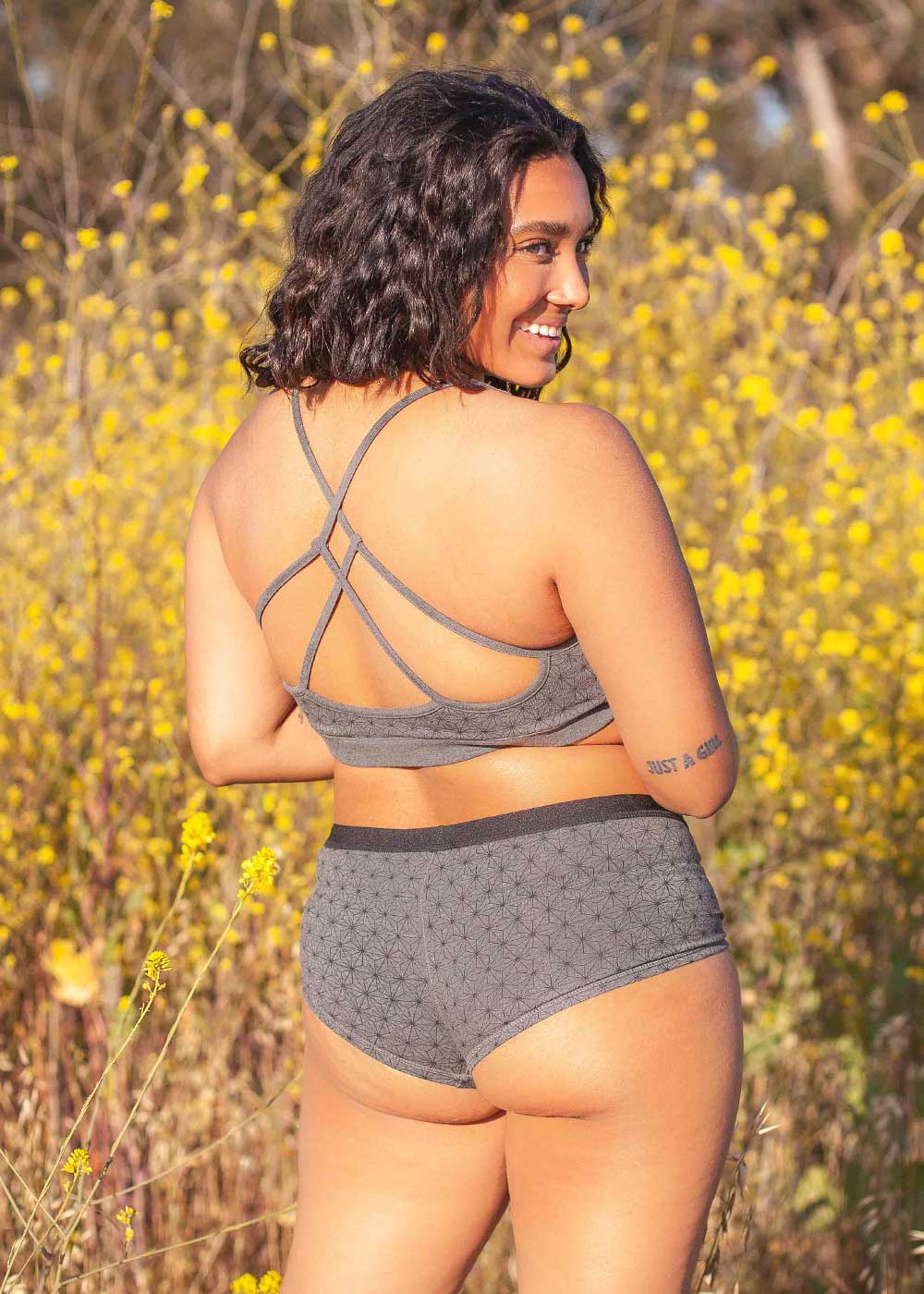Nomads Hemp Bamboo Minx Bra in Grey on Plus Size Model Sustainable Organic Natural Underwear Tantrika Australia