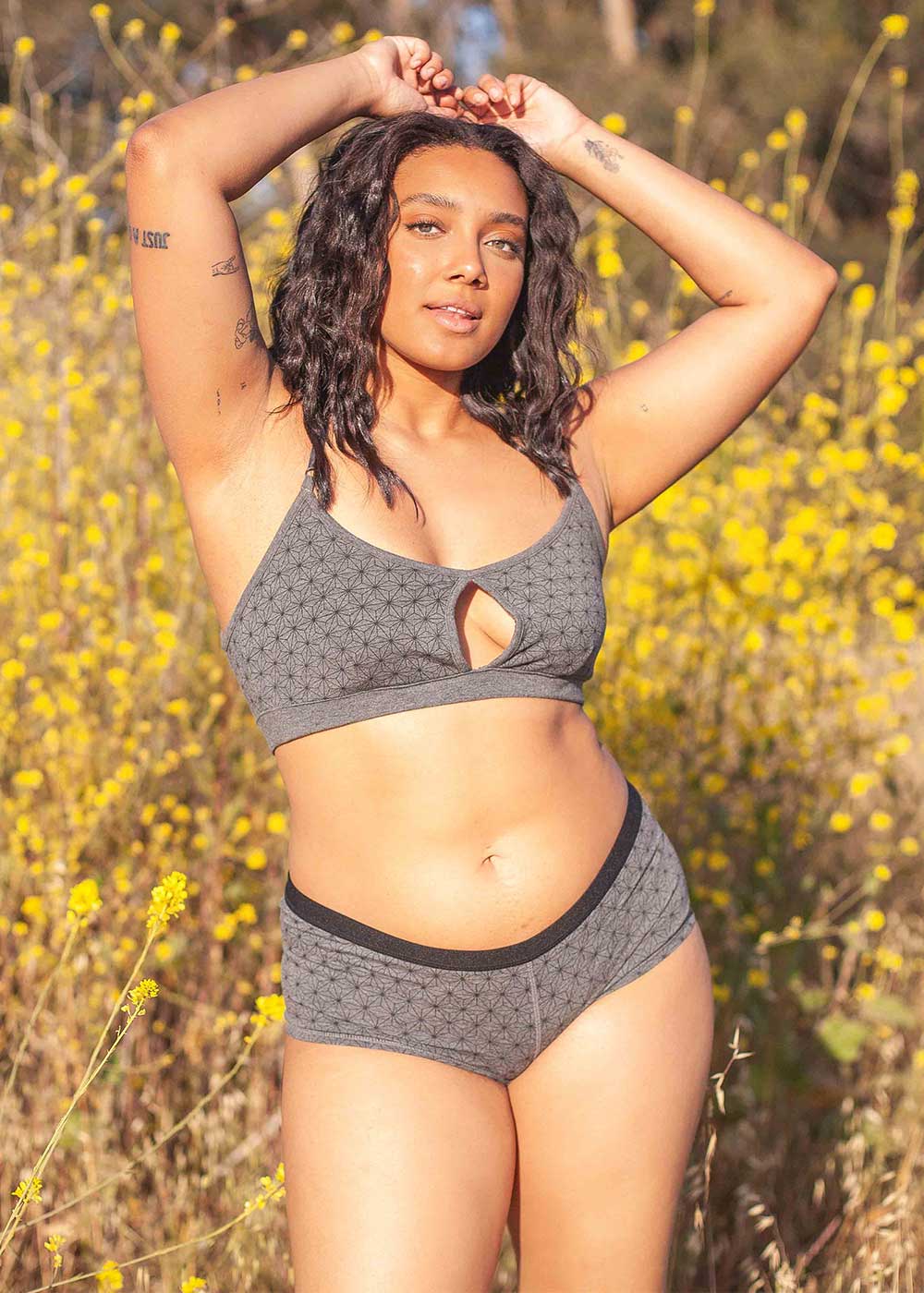 Nomads Hemp Bamboo Minx Bra in Grey on Plus Size Model Sustainable Organic Natural Underwear Tantrika Australia