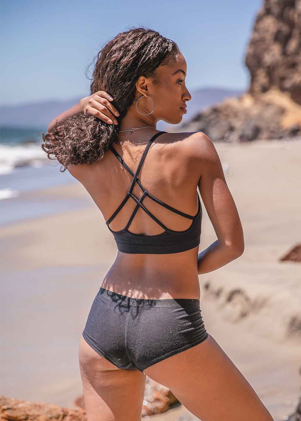 Nomads Hemp Bamboo Minx Bra in Black on Model Sustainable Organic Natural Underwear Tantrika Australia