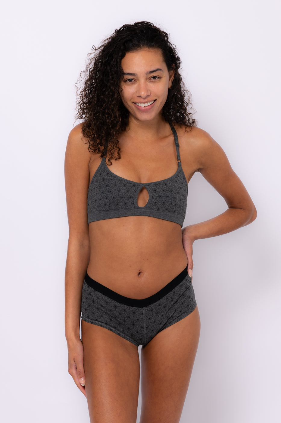 Nomads Hemp Bamboo Minx Bra in Grey Asanoha on Model Sustainable Organic Natural Underwear Tantrika Australia