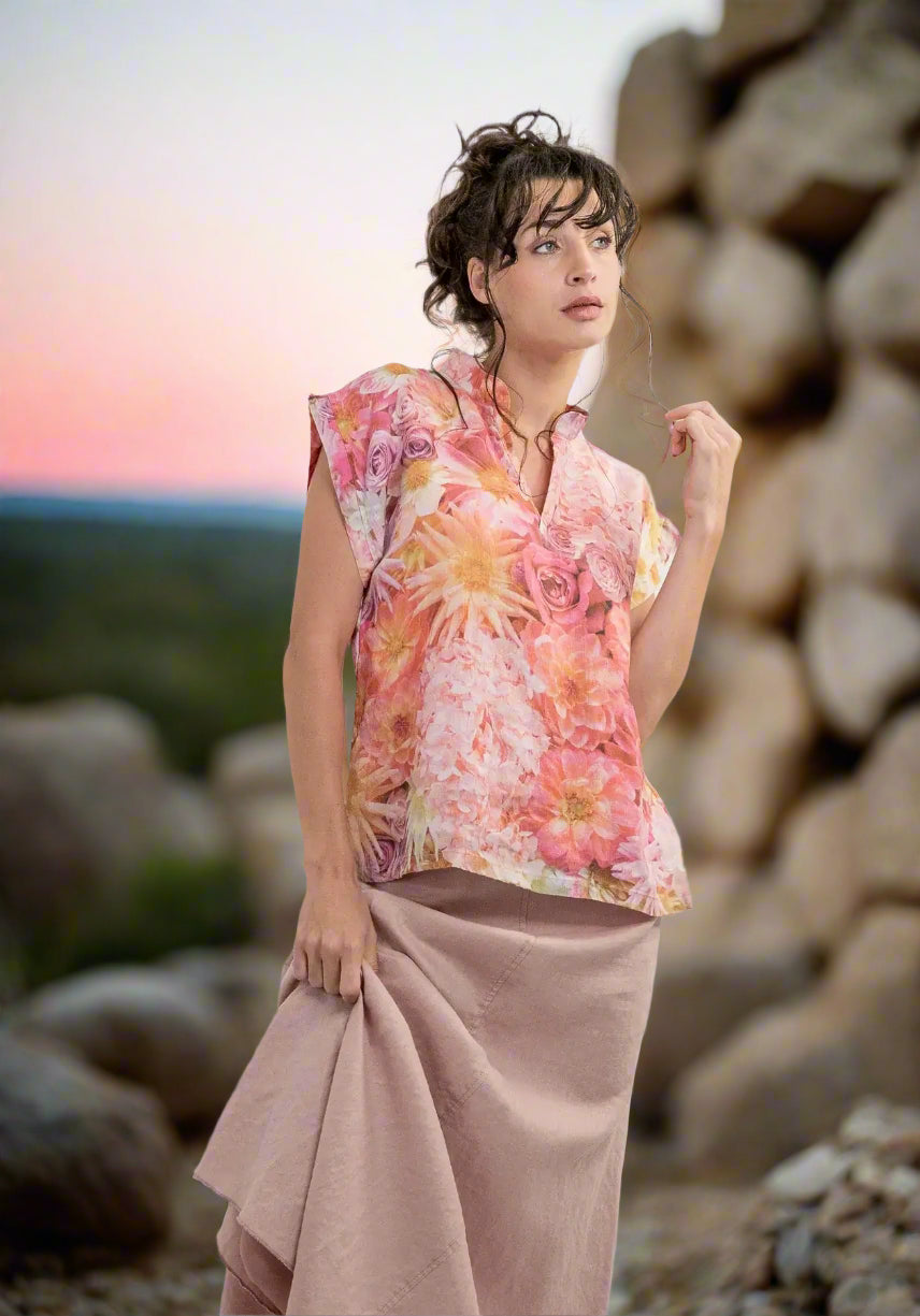 Harriet Jane Hemp Top Australian Made Dahila Roses Tantrika