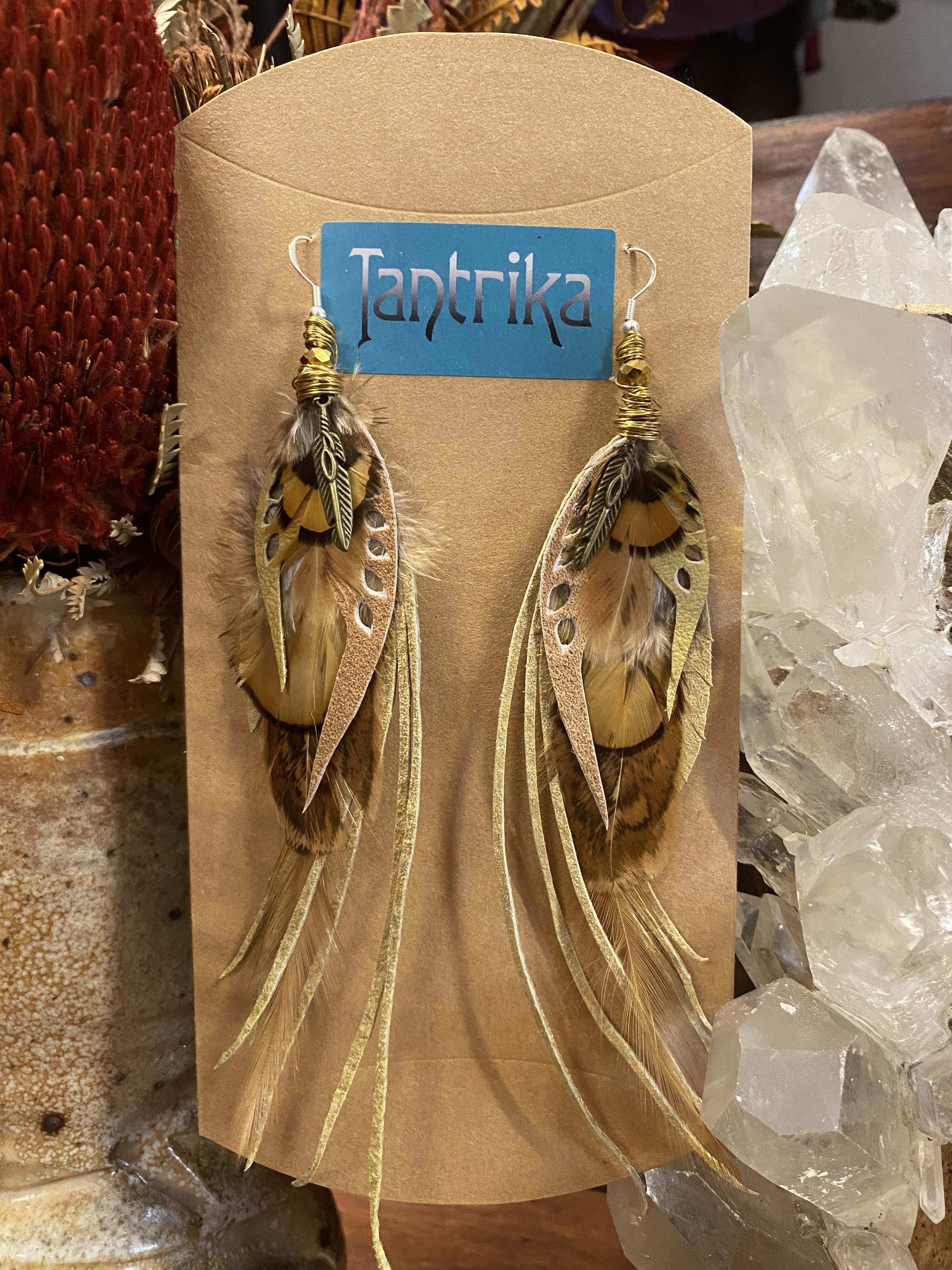 Feather & Leather earrings with silver hook, boho style upcyled and handmade jewellery found at Tantrika Australia