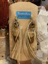 Feather & Leather earrings with silver hook, boho style upcyled and handmade jewellery found at Tantrika Australia