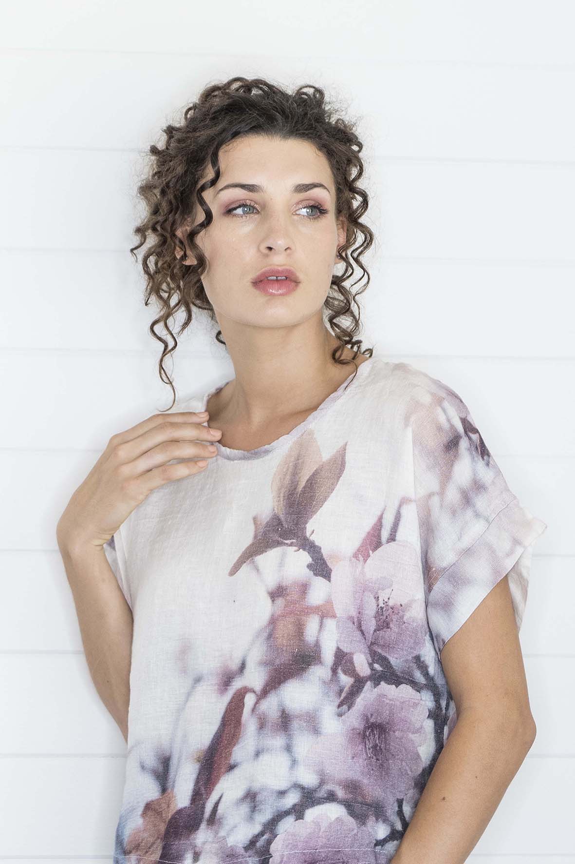 Harriet Jane Crimped Linen Tee Shirt Blouse Apple Blossom Australian Made Tantrika