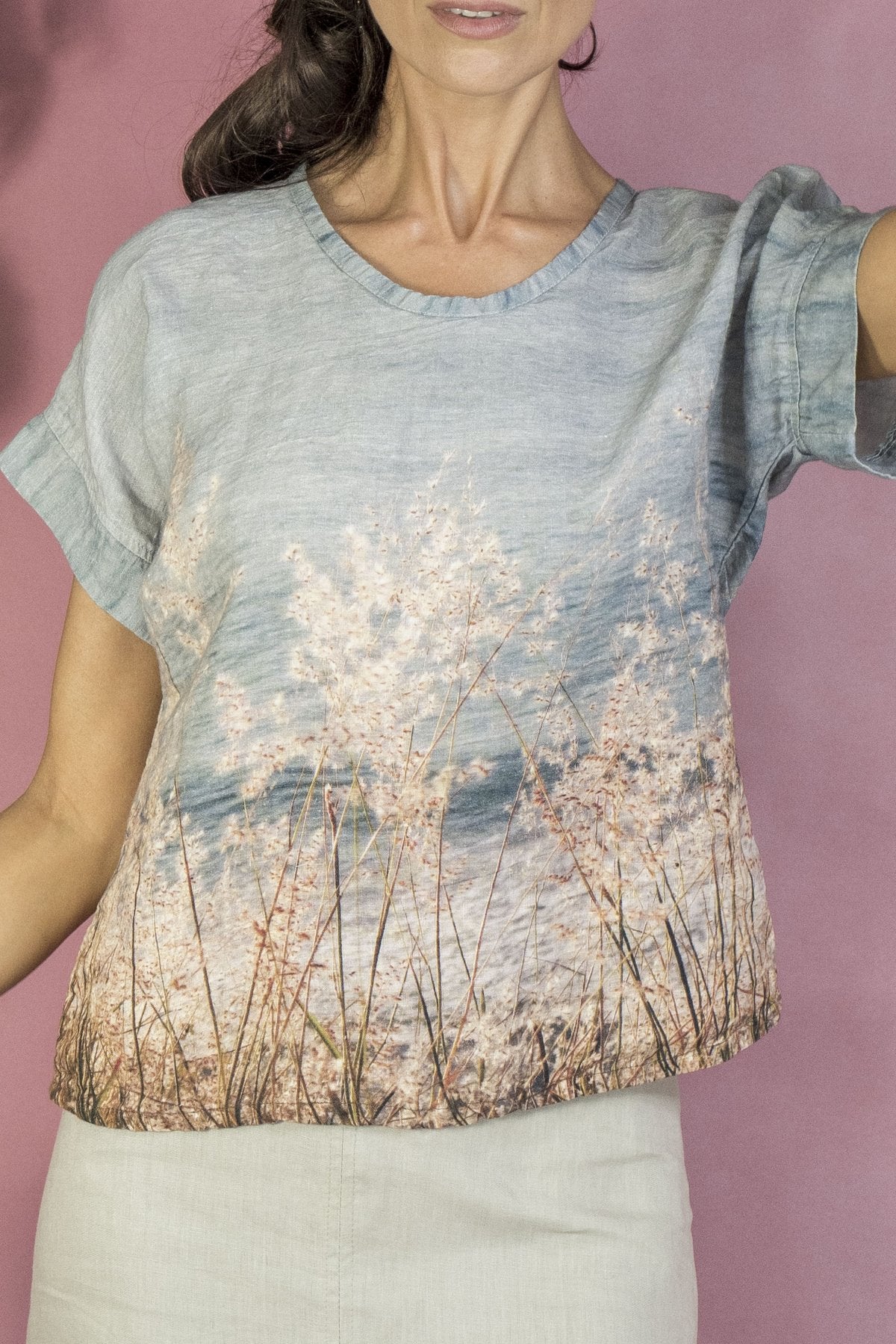 Harriet Jane Crimped Linen Tee Shirt Blouse Top Luxury Australian Made Ocean Grass Tantrika