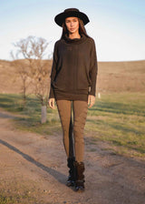 Nomads Hemp Wear Defiant Leggings, made from bamboo and organic cotton, olive green pair featured on model, found at Tantrika Australia