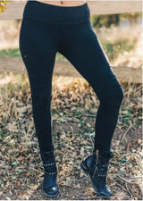 Nomads Hemp Wear Defiant Leggings, made from bamboo and organic cotton, black pair featured on model, found at Tantrika Australia