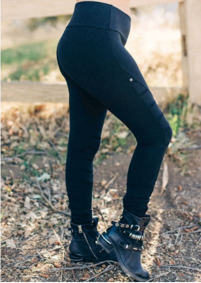 Nomads Hemp Wear Defiant Leggings, made from bamboo and organic cotton, black pair featured on model, found at Tantrika Australia