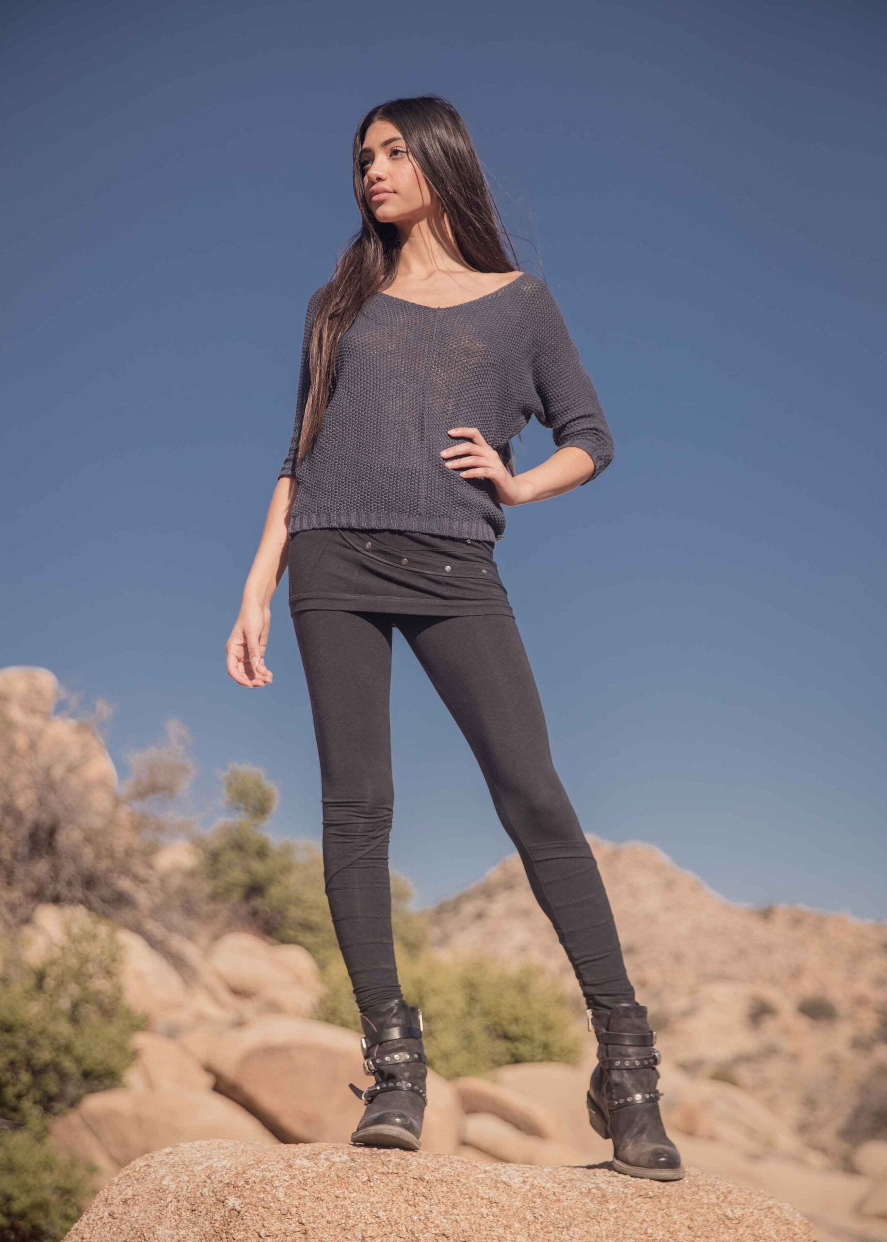 Nomads Hemp Wear Bamboo and Organic Cotton Starburst Skirted Leggings Combo in black on Model