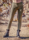Nomads Hemp Wear Spectrum leggings meta print, made with bamboo and organic cotton, green featured on model, found at tantrika australia
