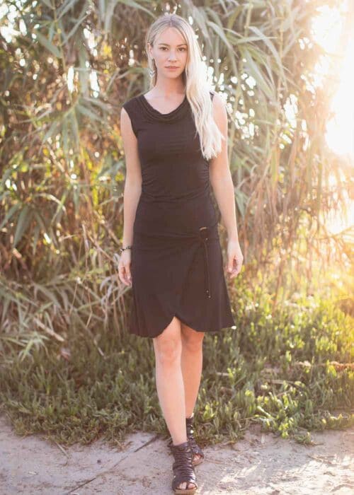 Nomads Hemp Wear Odessa Dress in Black on Model, found at Tantrika Australia