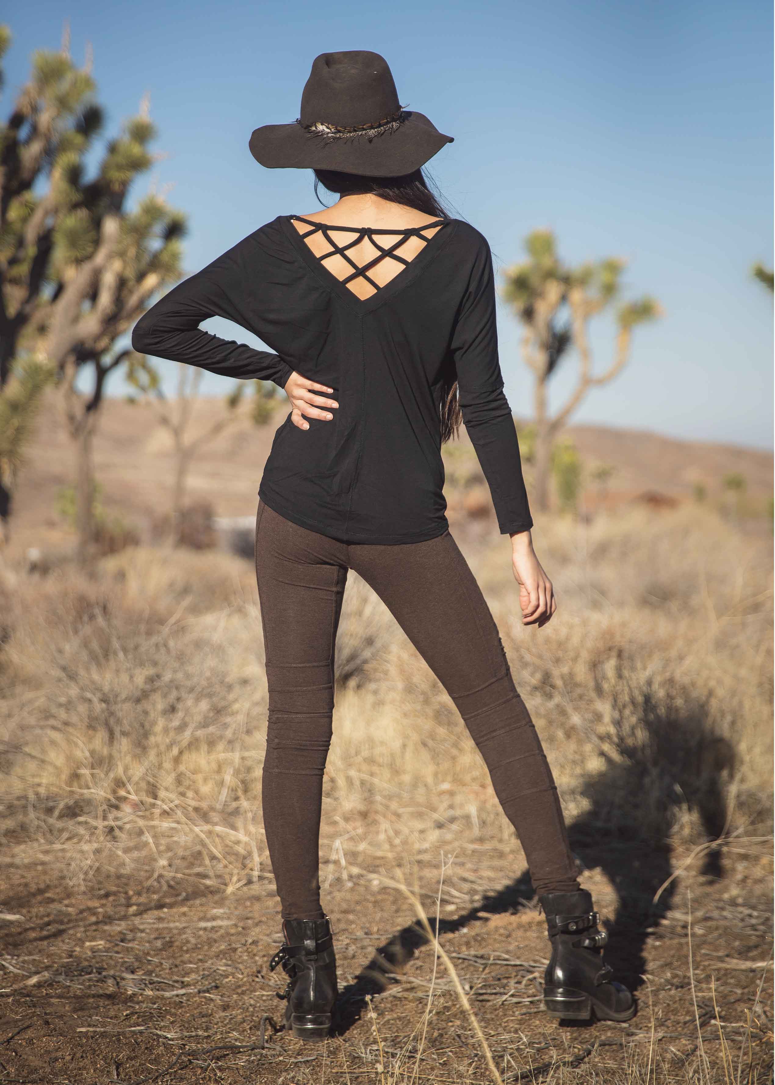 Nomads Hemp Wear Black Enigma Long Sleeve  Tee on Model, ethical sustainable womens fashion clothing brand, Tantrika Australia