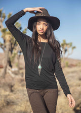 Nomads Hemp Wear Black Enigma Long Sleeve  Tee on Model, ethical sustainable womens fashion clothing brand, Tantrika Australia