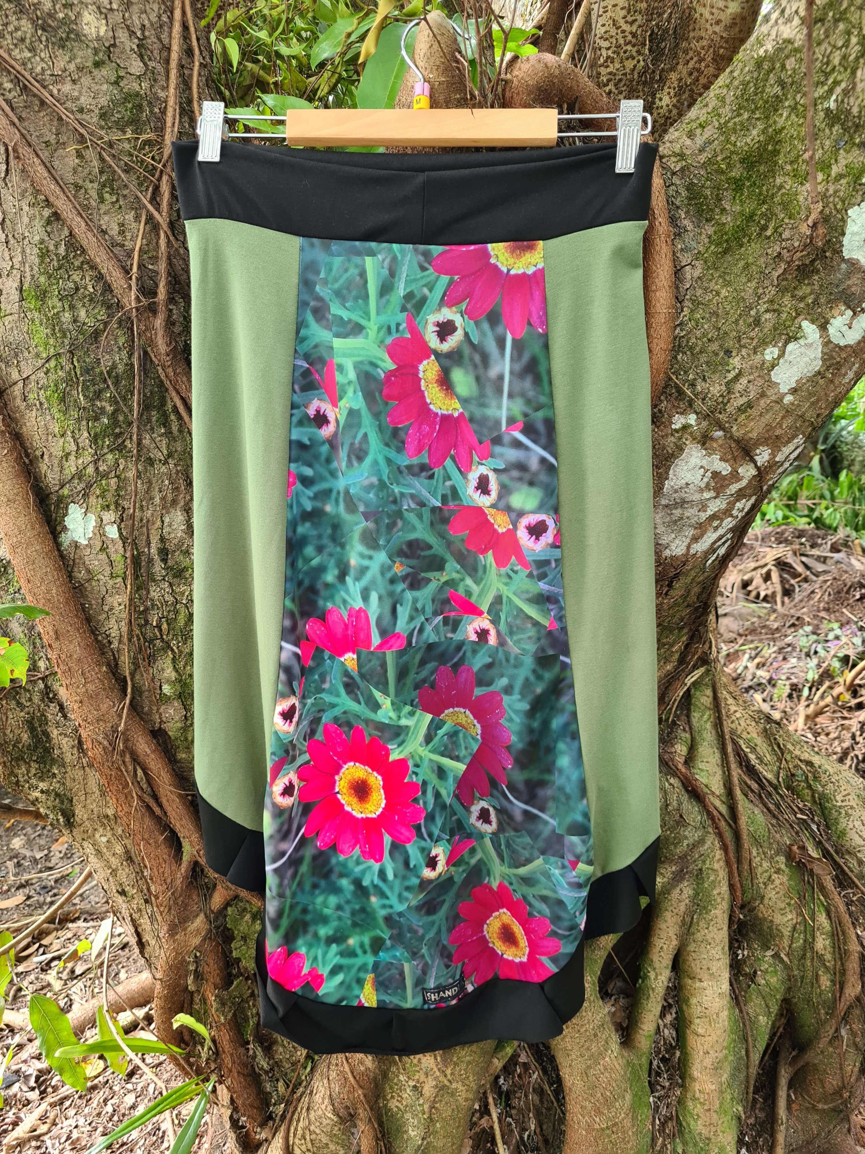 Shan-Dia photo print sassy skirt waterfall pink daisy, bamboo fabric lycra, tantrika australia
