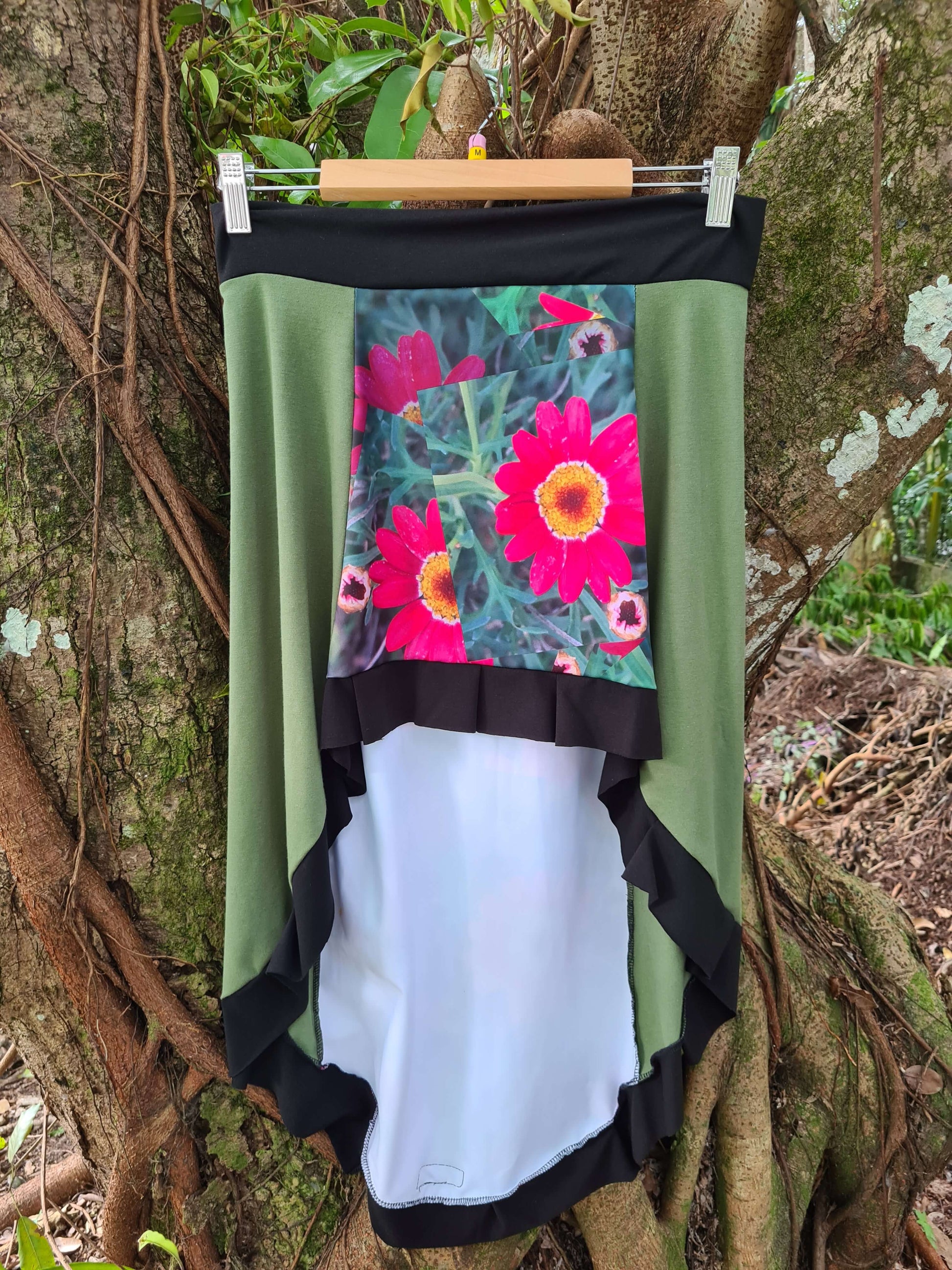 Shan-Dia photo print sassy skirt waterfall pink daisy, bamboo fabric lycra, tantrika australia