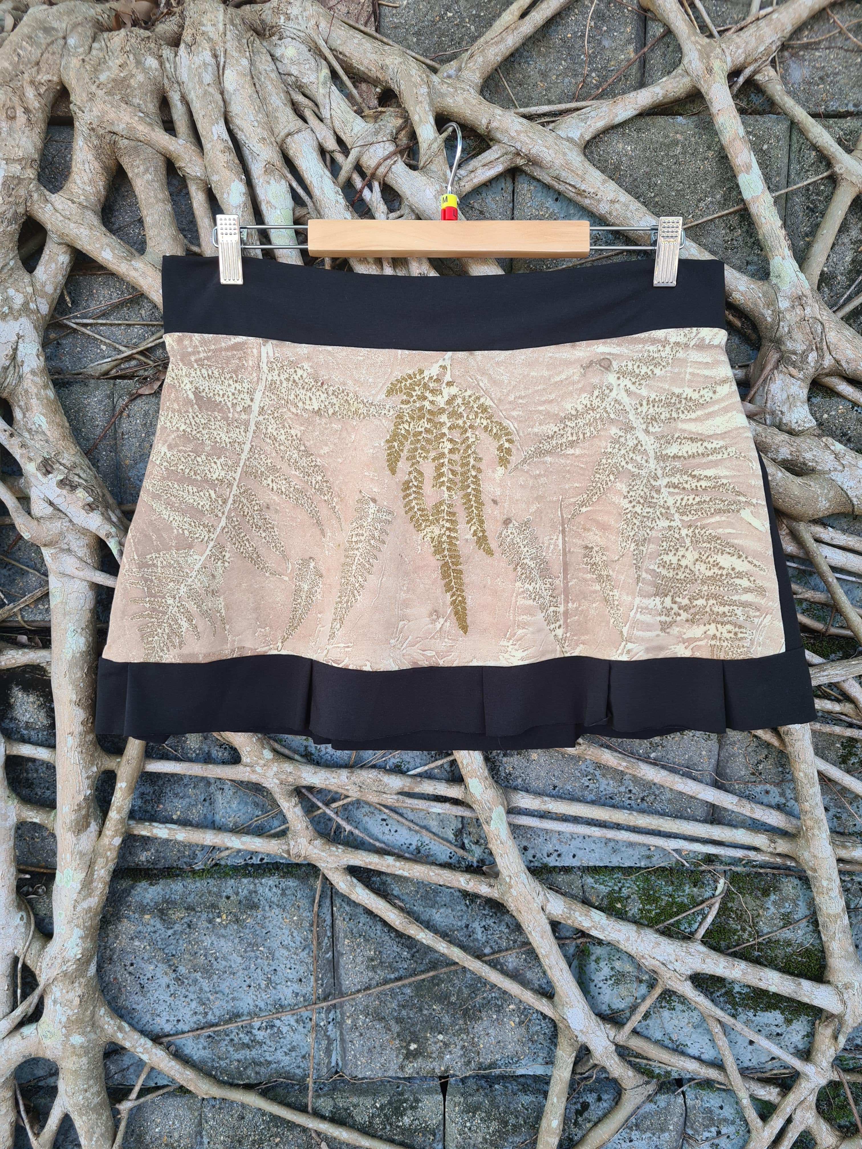 Shan-Dia ecofriendly ecodyed botanical print mini skirt fern and avocado seed dye on bamboo fabric, tantrika australia