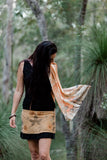 Shan-Dia ecofriendly ecodyed botanical print mini skirt on model, bamboo fabric, tantrika australia