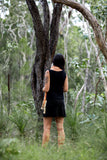 Shan-Dia ecofriendly ecodyed botanical print mini skirt on model, bamboo fabric, tantrika australia