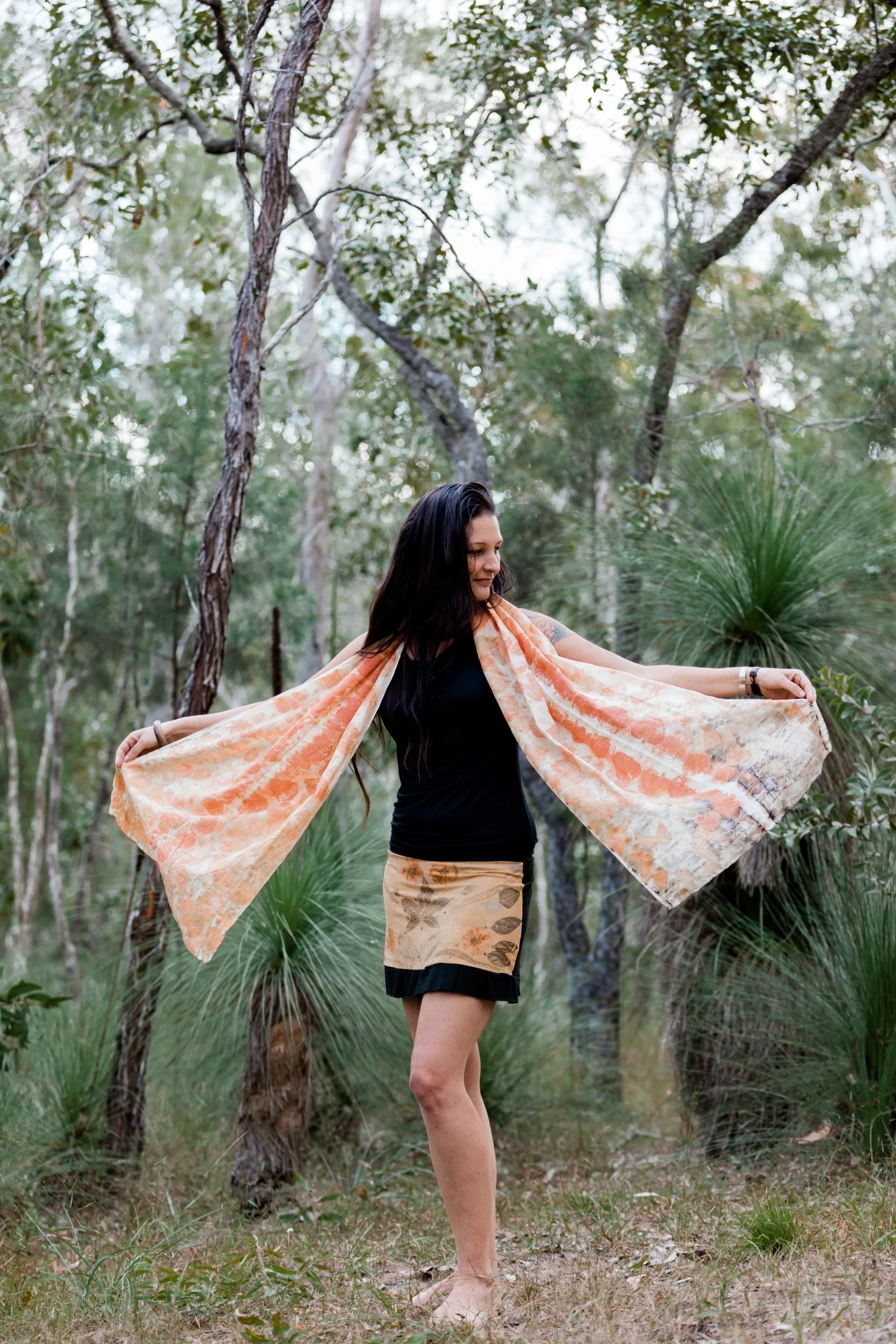 Shan-Dia ecofriendly ecodyed botanical print mini skirt on model, bamboo fabric, tantrika australia