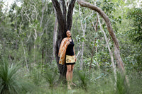 Shan-Dia ecofriendly ecodyed botanical print mini skirt on model, bamboo fabric, tantrika australia