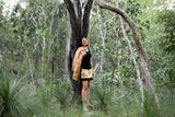 Shan-Dia ecofriendly ecodyed botanical print mini skirt on model, bamboo fabric, tantrika australia
